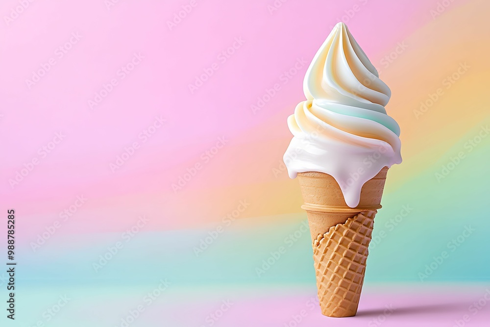 A colorful ice cream cone with soft serve swirled on top, set against a pastel rainbow background. A colorful ice cream cone with soft serve swirled on top, set against a pastel rainbow background.
