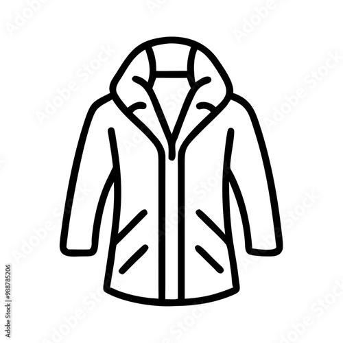 A black and white drawing of a jacket with a hood. The jacket is made of a material that is likely to be waterproof and windproof. The jacket is designed to keep the wearer warm and dry in cold