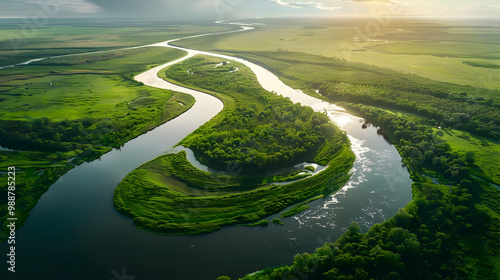 Aerial View of a Winding River Through Lush Green Fields