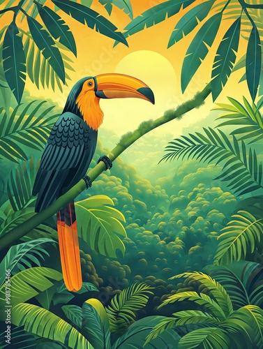 Illustration of Amazon Rainforest from Manaus, Brazil Travel Poster in Colorful Flat Digital Art Style