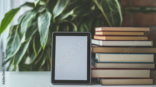 Modern e book next to stack of books on white background Focus on training photo