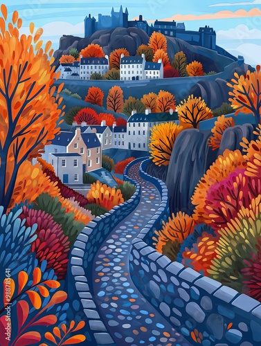 Illustration of Edinburgh Castle from Edinburgh, United Kingdom Travel Poster in Colorful Flat Digital Art Style