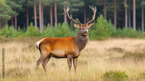 Red deer stag standing in heath with big antlers.