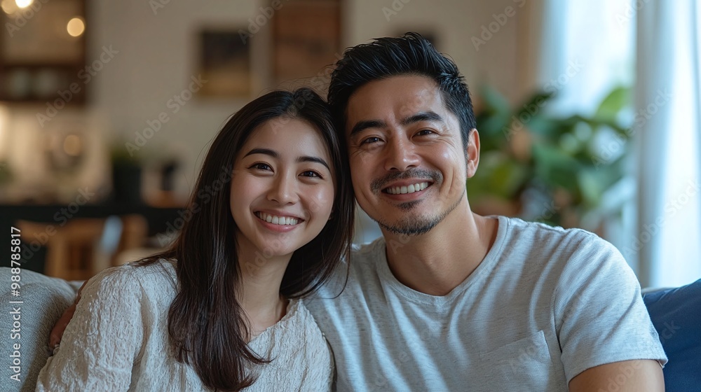 young couple enjoying a happy moment on the couch, showcasing the bond between an Asian husband and wife in their cozy living room at home young couple enjoying a happy moment on the couch, showcasing the bond between an Asian husband and wife in their cozy living room at home