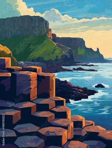 Illustration of Giant's Causeway from Northern Ireland, United Kingdom Travel Poster in Colorful Flat Digital Art Style at sunrise