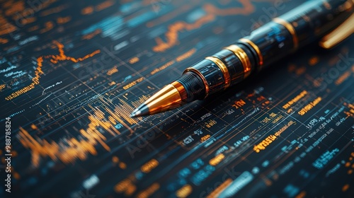 Close-up of a pen on financial graphs and charts with a bar graph, line chart, and data table background. 