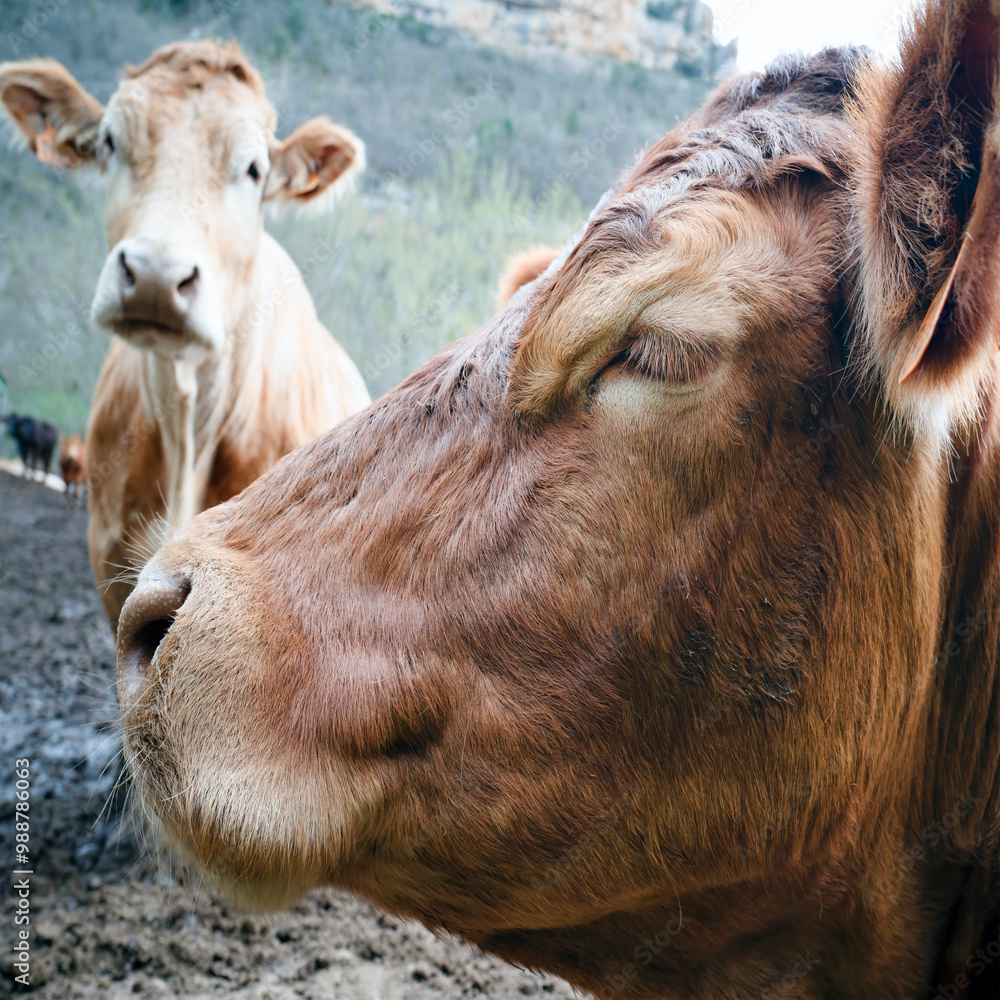 Fototapeta premium cows grazing in green grassy fields with trees in the background , Galician blond breed