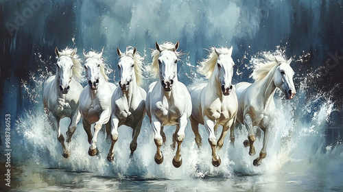 Seven running white horses wall painting mountain morning view background. Majestic and powerful scene with splashing effects. Wallpaper concept. photo