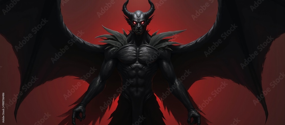 A demonic demon with red eyes standing in front of a red background. A demonic demon with red eyes standing in front of a red background.