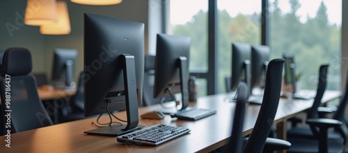 A row of computers sitting on top of a wooden table.