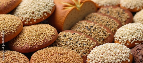 A variety of breads with sesame seeds on them.