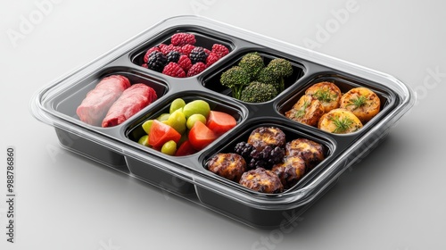 A colorful meal prep tray featuring assorted fruits and healthy snacks in separate compartments, ideal for convenient and nutritious eating. photo