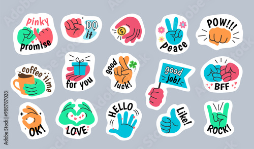 Comic hand gesture stickers. Pinky promise, crossed fingers and BFF brofist decals. Hands holding flag, gift, coffee and coin. Multicolored peace, ok, rock and like gestures hand drawn vector set photo