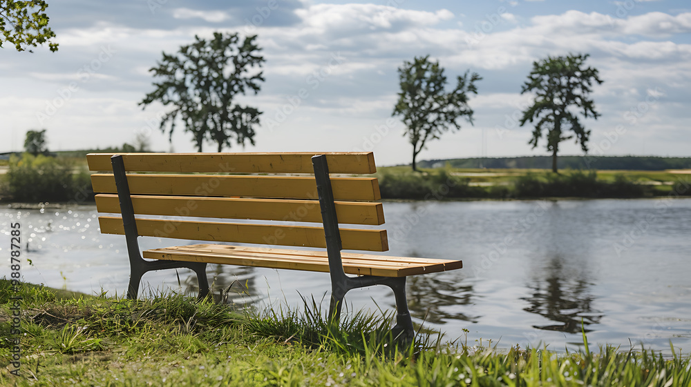 A wooden bench with black metal legs sits alone by a calm lake with green grass and trees in the background, evoking peace and tranquility.
A wooden bench with black metal legs sits alone by a calm lake with green grass and trees in the background, evoking peace and tranquility.