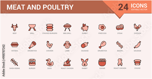 Meat and poultry colorful icons set. Color line icon for web and ui. Outline icons collection, Vector illustration. Icon names are written in English.