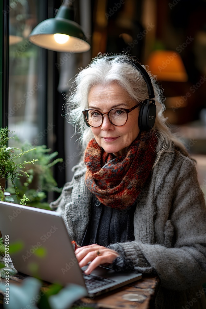 Happy older woman using her laptop for a virtual course, headphones on, with a small desk lamp lighting her learning space. Happy older woman using her laptop for a virtual course, headphones on, with a small desk lamp lighting her learning space.
