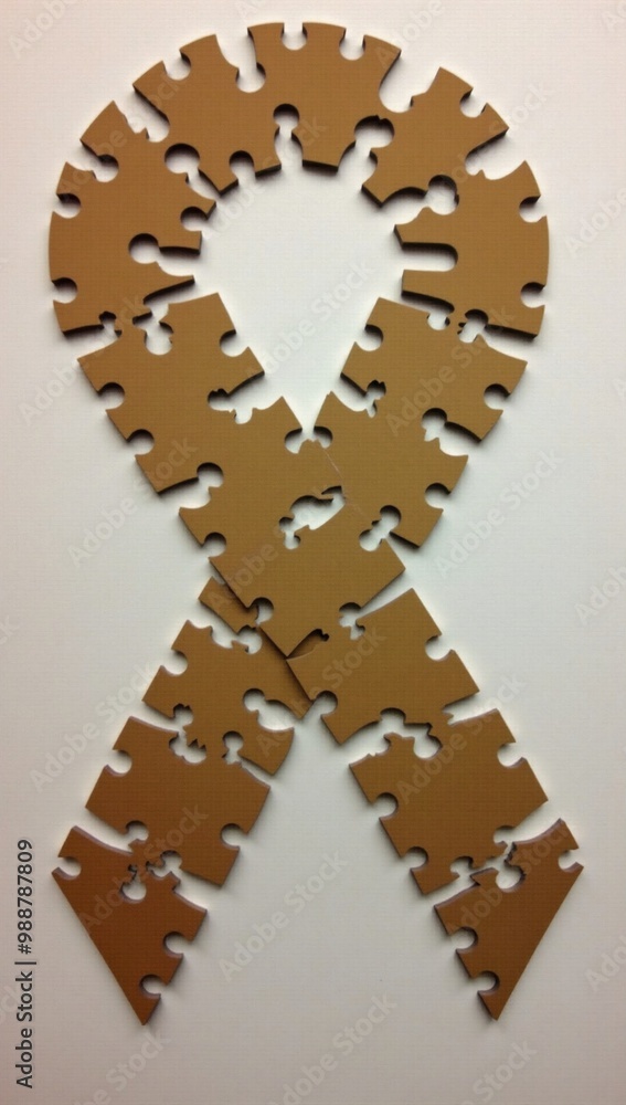 A piece of puzzle with a white ribbon on it. A piece of puzzle with a white ribbon on it.