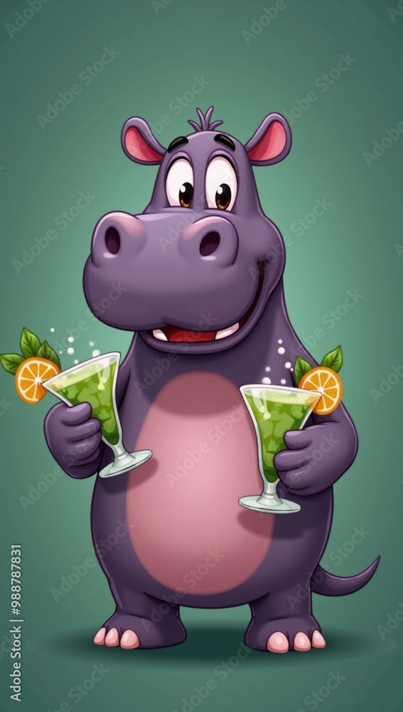 Naklejka premium A cartoon hippo holding two glasses of green juice.