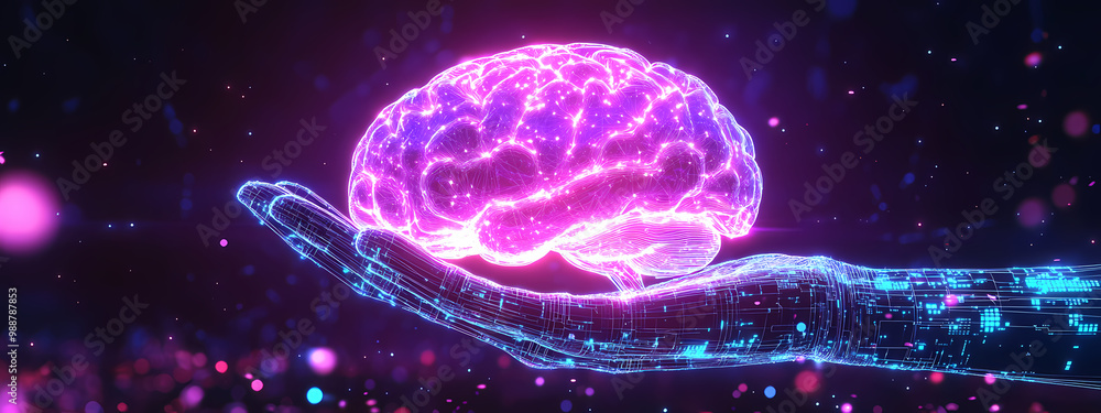Glowing Brain in Digital Circuitry Hand Glowing Brain in Digital Circuitry Hand