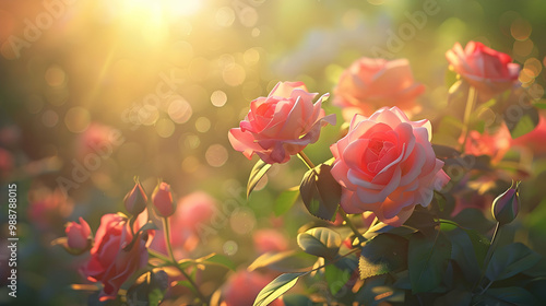 Pink Roses Blooming in the Garden - Soft Sunlight and Floral Beauty