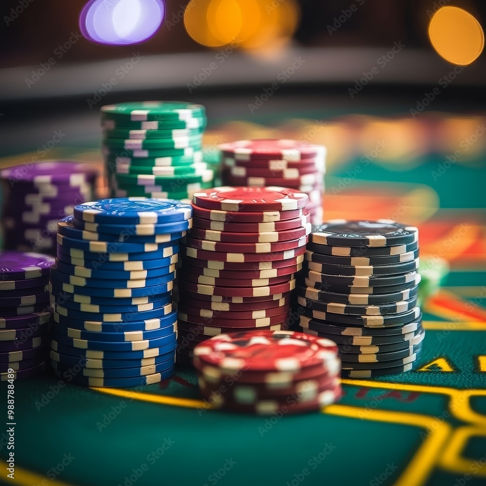 Poker chips on green casino table with bokeh background. Poker chips on green casino table with bokeh background.