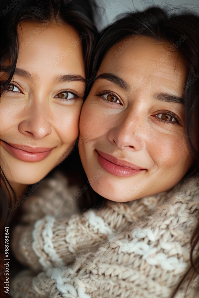 Heartwarming Portrait of Mother and Daughter Smiling Together in Cozy Sweaters, Capturing Family Love and Bond Heartwarming Portrait of Mother and Daughter Smiling Together in Cozy Sweaters, Capturing Family Love and Bond