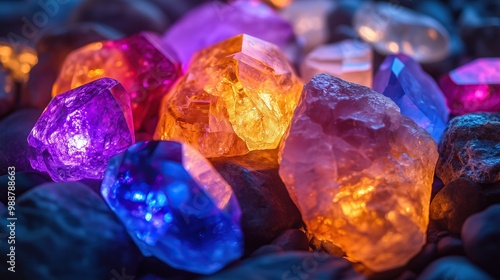 A collection of colorful crystal healing stones glows softly