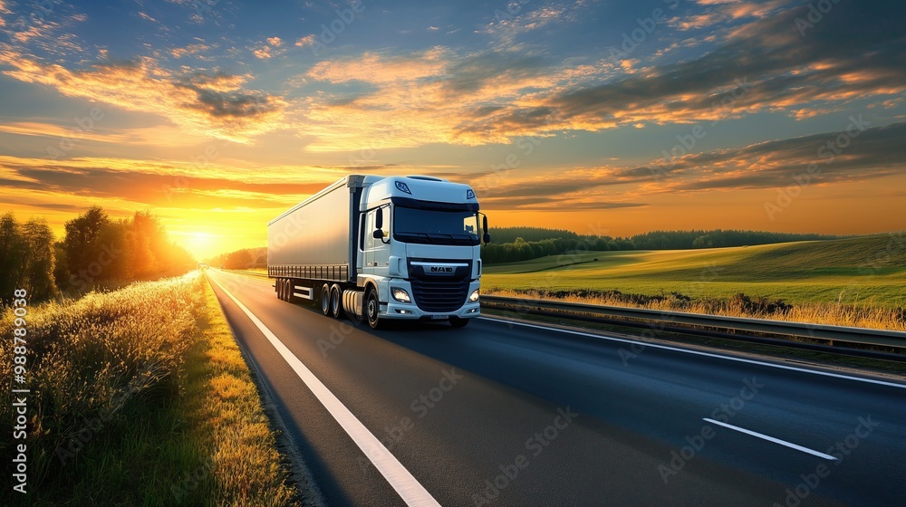 A large truck travels down an open highway as the sun sets