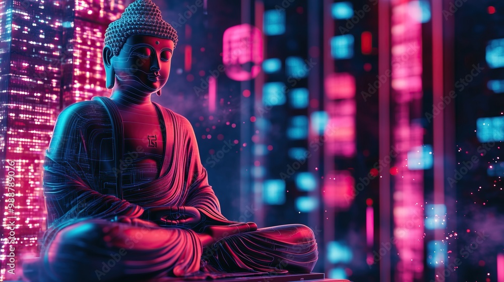 Obraz premium A neon Buddha statue amidst digital elements