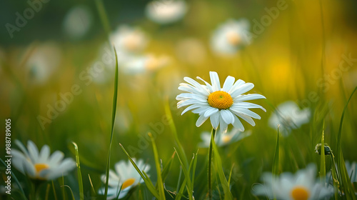 Close-up of a White Daisy in a Field of Green Grass