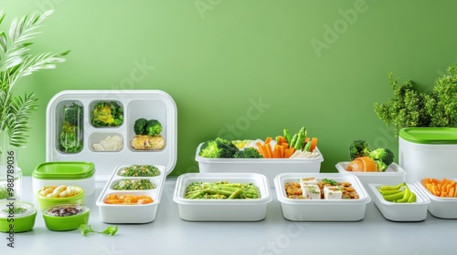 Fresh vegetables neatly organized in clear storage containers against a green background, promoting healthy eating and meal prep. photo