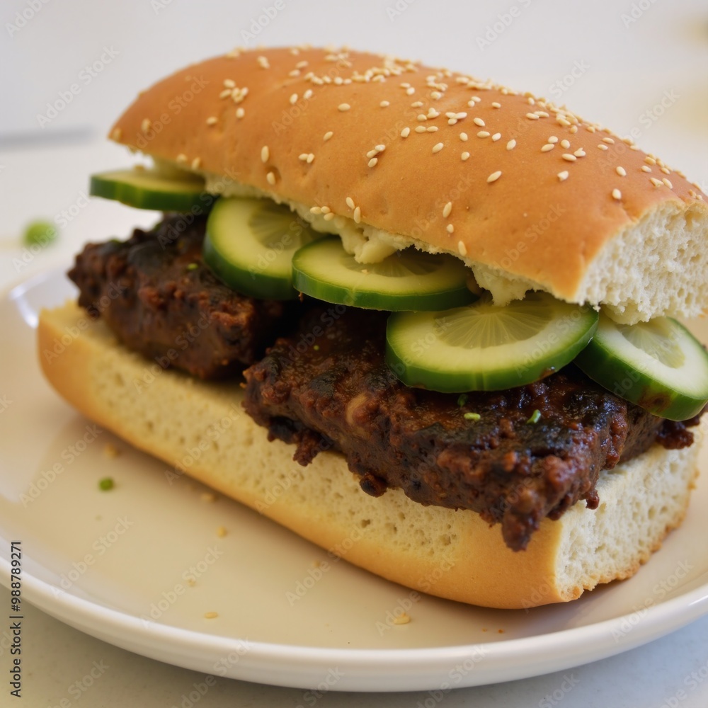 A hamburger with pickles on a white plate. A hamburger with pickles on a white plate.