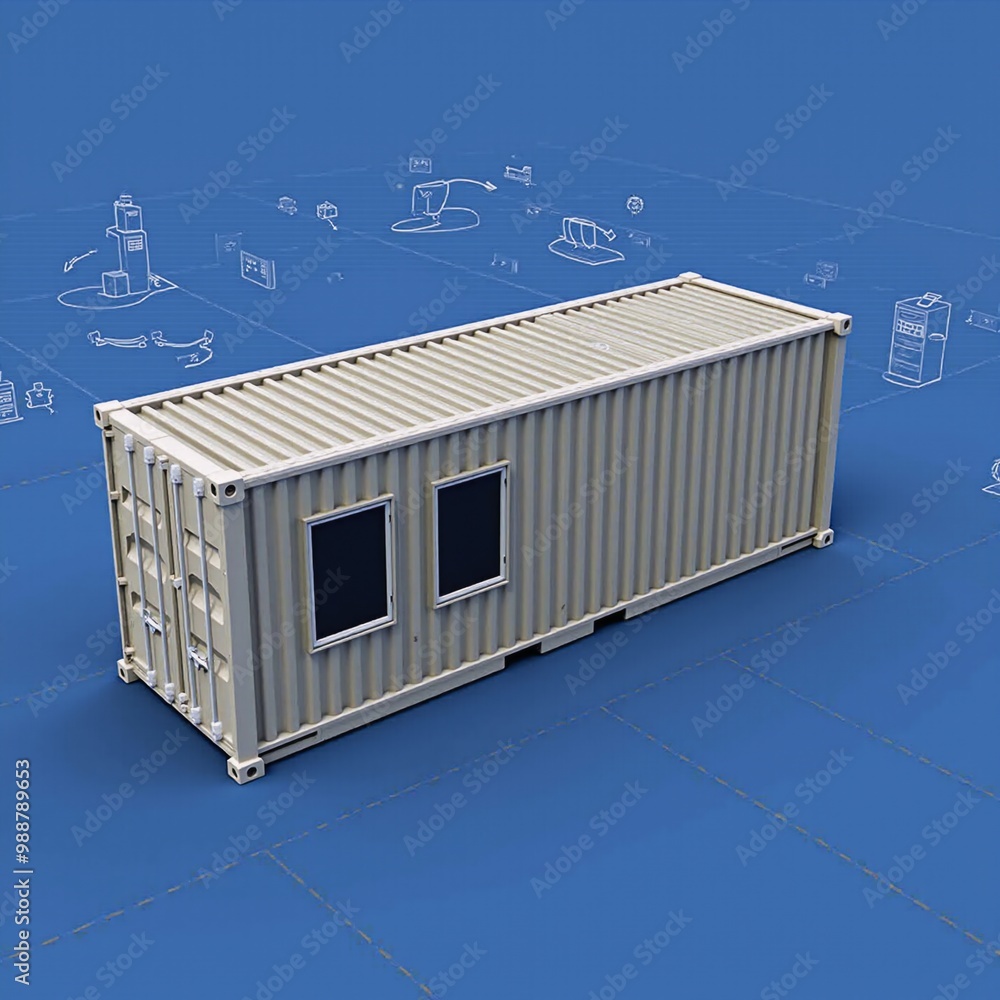 A drawing of a shipping container on a blueprint. A drawing of a shipping container on a blueprint.