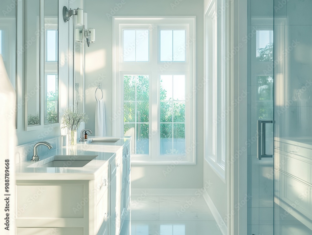 A bathroom with two sinks and a window. The window is open and the sun is shining through it A bathroom with two sinks and a window. The window is open and the sun is shining through it