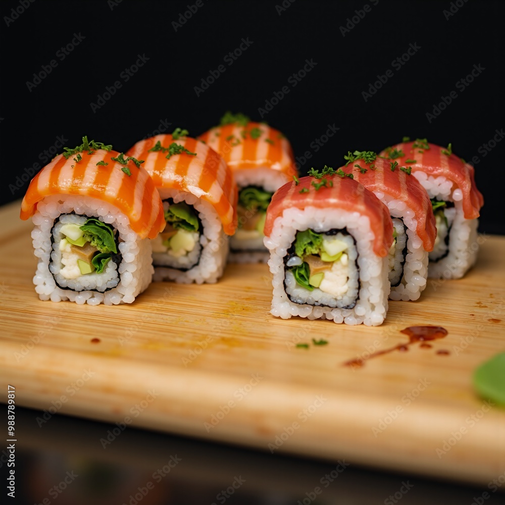 A wooden cutting board topped with sushi rolls. A wooden cutting board topped with sushi rolls.