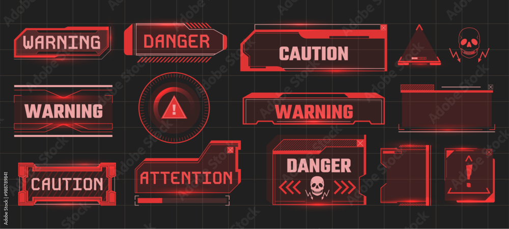 Cyber danger badges. Futuristic warning message, attention alert in digital tech frame and system caution with cyberpunk hud user interface vector UI set