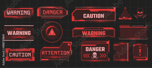 Cyber danger badges. Futuristic warning message, attention alert in digital tech frame and system caution with cyberpunk hud user interface vector UI set