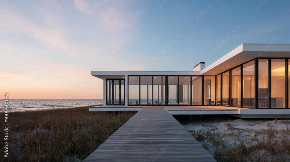Beachfront home with floor-to-ceiling windows and a wooden boardwalk leading to the ocean modern beach living, coastal retreat Beachfront home with floor-to-ceiling windows and a wooden boardwalk leading to the ocean modern beach living, coastal retreat