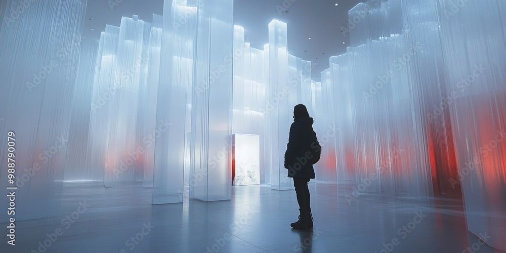 Modern interactive art installation, immersive experience within a contemporary gallery, blurred background enhancing artistic engagement