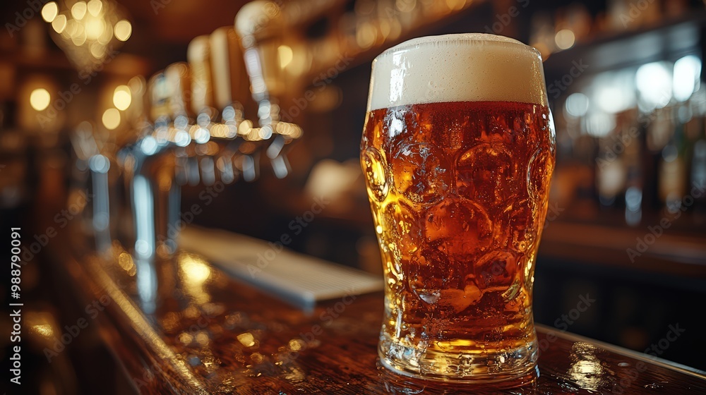 Close-up of beer pouring from a tap in a bar, with the bar in the background Close-up of beer pouring from a tap in a bar, with the bar in the background