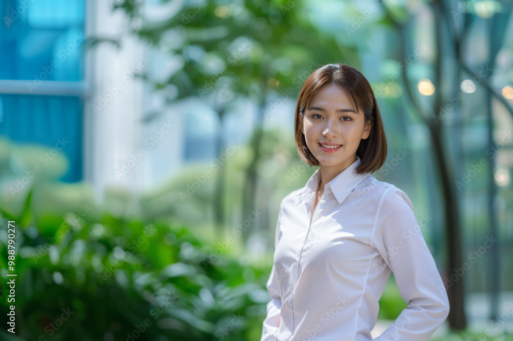 A professional Asian businesswoman, dressed in a crisp white shirt, stands confidently outdoors in a modern urban environment, smiling A professional Asian businesswoman, dressed in a crisp white shirt, stands confidently outdoors in a modern urban environment, smiling