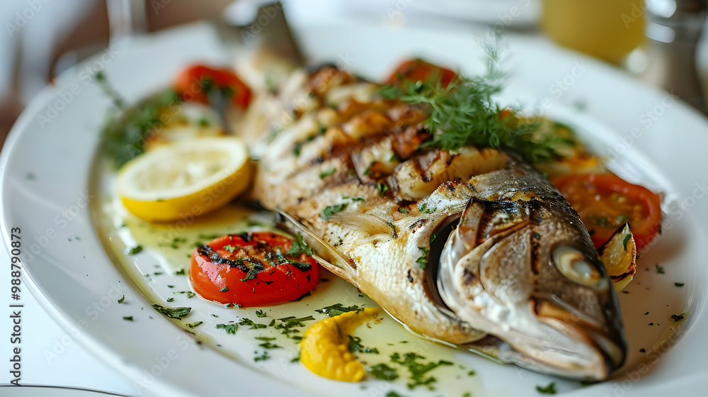 Grilled Sea Bass with Lemon and Tomatoes - Delicious Seafood Dish Grilled Sea Bass with Lemon and Tomatoes - Delicious Seafood Dish