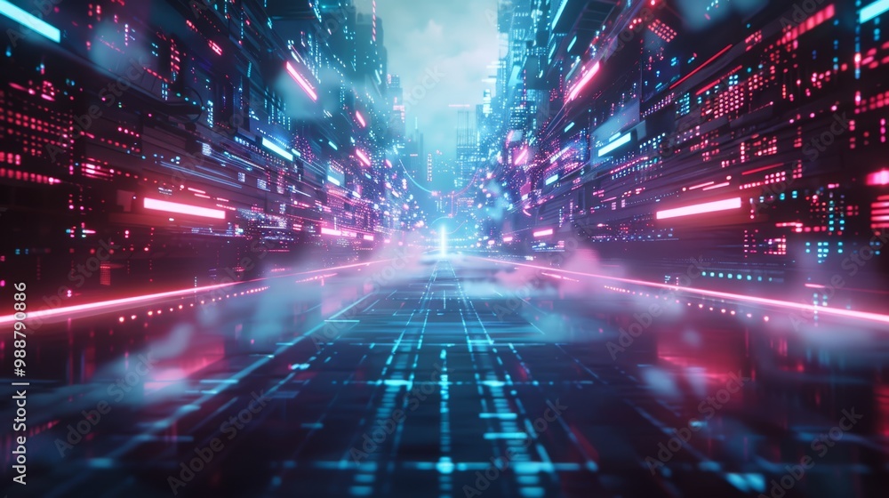 Fototapeta premium Futuristic E-Sport Event Background with Neon Lights and Digital Cityscape for Gaming and Virtual Competitions