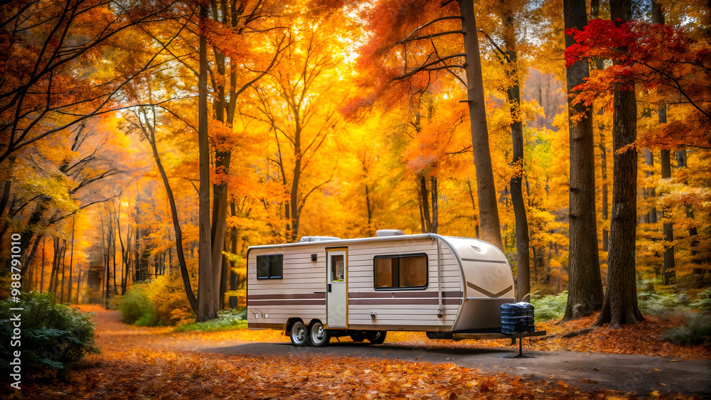 serene autumn retreat: An RV nestled among vibrant fall colors. “The perfect fall getaway: A home on wheels amidst a forest of gold and crimson leaves.” serene autumn retreat: An RV nestled among vibrant fall colors. “The perfect fall getaway: A home on wheels amidst a forest of gold and crimson leaves.”