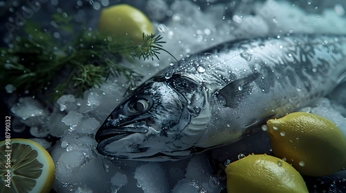 Fresh Fish on Ice with Lemon Slices