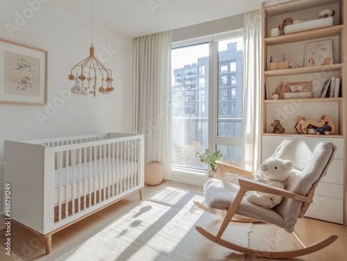 A white crib with a mobile hanging from the ceiling. A rocking chair is next to the crib