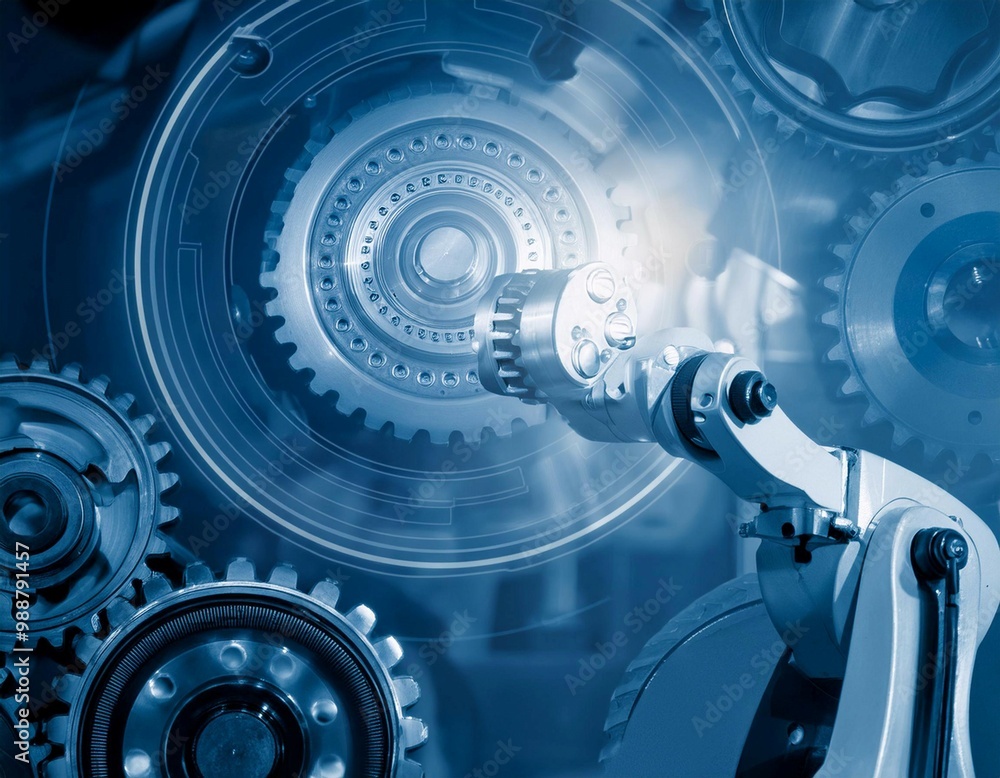 Robotic arm and gears representing automation and technology, symbolizing efficiency, innovation, and modern industry. Robotic arm and gears representing automation and technology, symbolizing efficiency, innovation, and modern industry.