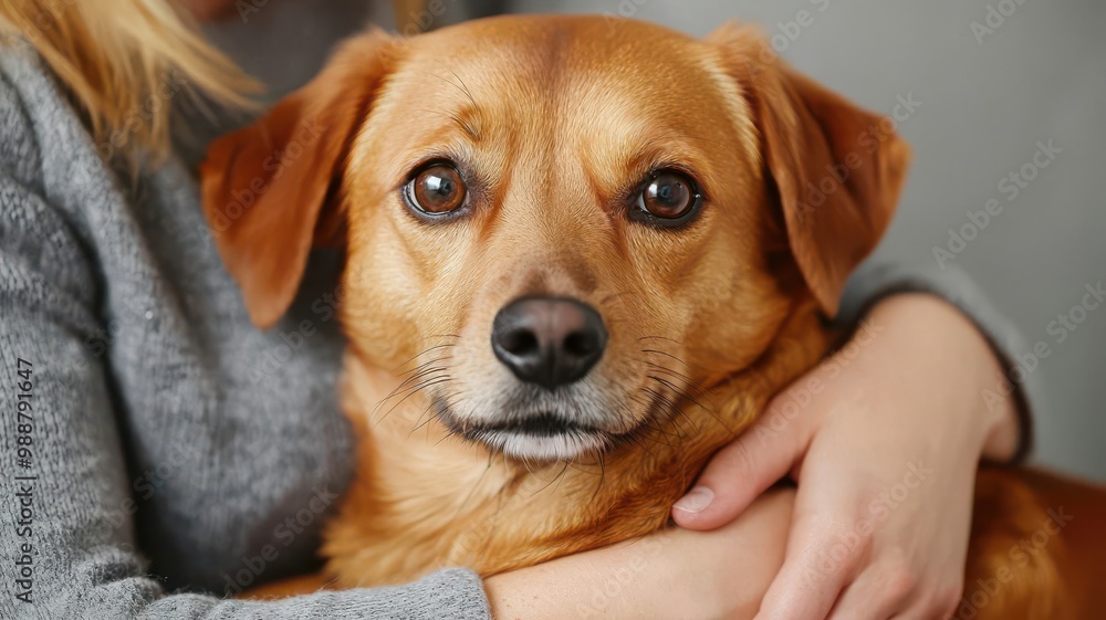 Caregiver petting and cuddling with a dog in a cozy relaxation area at the daycare comforting care, doggy bonding Caregiver petting and cuddling with a dog in a cozy relaxation area at the daycare comforting care, doggy bonding