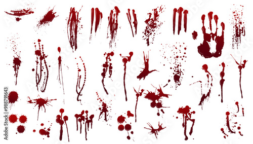Blood splatters and drips. Realistic bloody stains, drip drops, smears, and handprints for halloween, crime scene or horror themed design. Grunge blot, splash and scary traces vector set