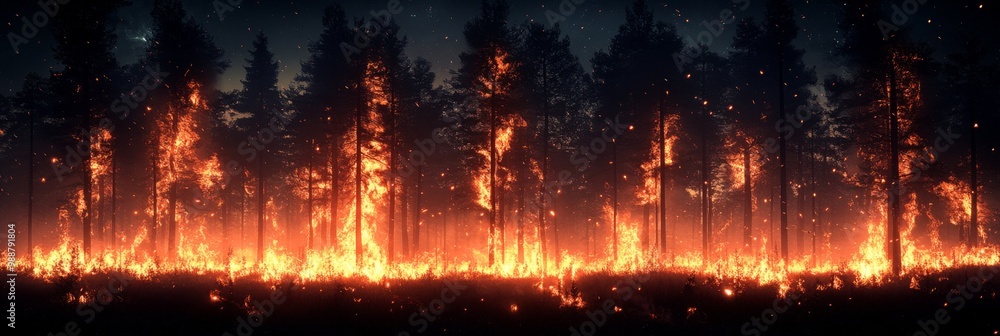 A forest on fire, the burning trees in flames. Large scale natural disaster A forest on fire, the burning trees in flames. Large scale natural disaster